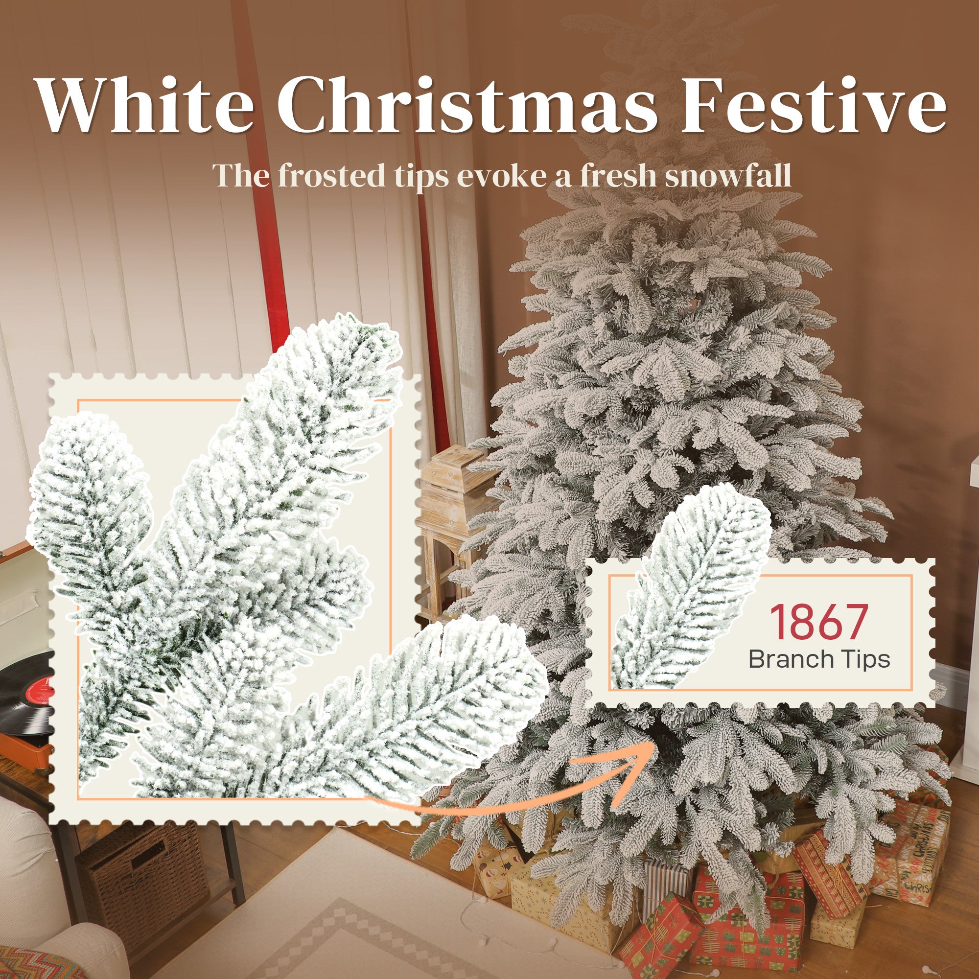 HOMCOM 7 ft Artificial Flocked Christmas Tree with 1867 Branches, Hinged Xmas Tree with Foldable Metal Stand, Easy Assembly for Home Office Decor