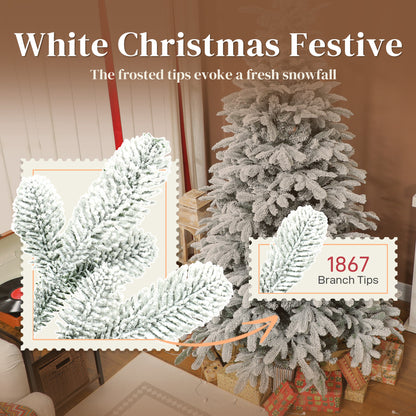 HOMCOM 7 ft Artificial Flocked Christmas Tree with 1867 Branches, Hinged Xmas Tree with Foldable Metal Stand, Easy Assembly for Home Office Decor