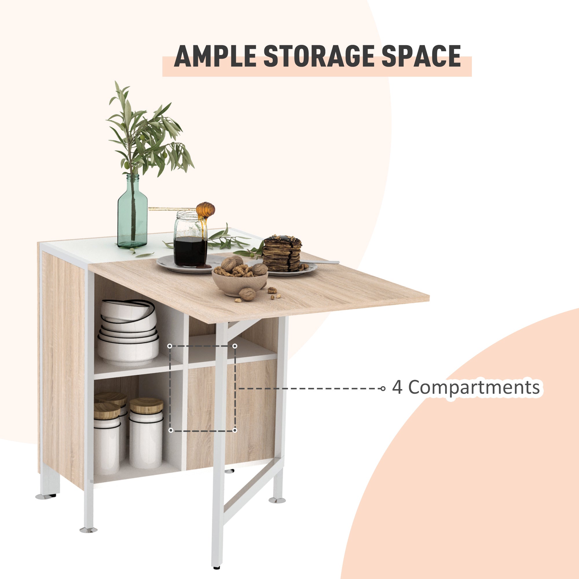 HOMCOM Foldable Drop Leaf Dining Table Folding Workstation for Small Space with Storage Shelves Cubes Oak & White 