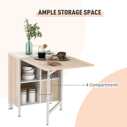 HOMCOM Foldable Drop Leaf Dining Table Folding Workstation for Small Space with Storage Shelves Cubes Oak & White 