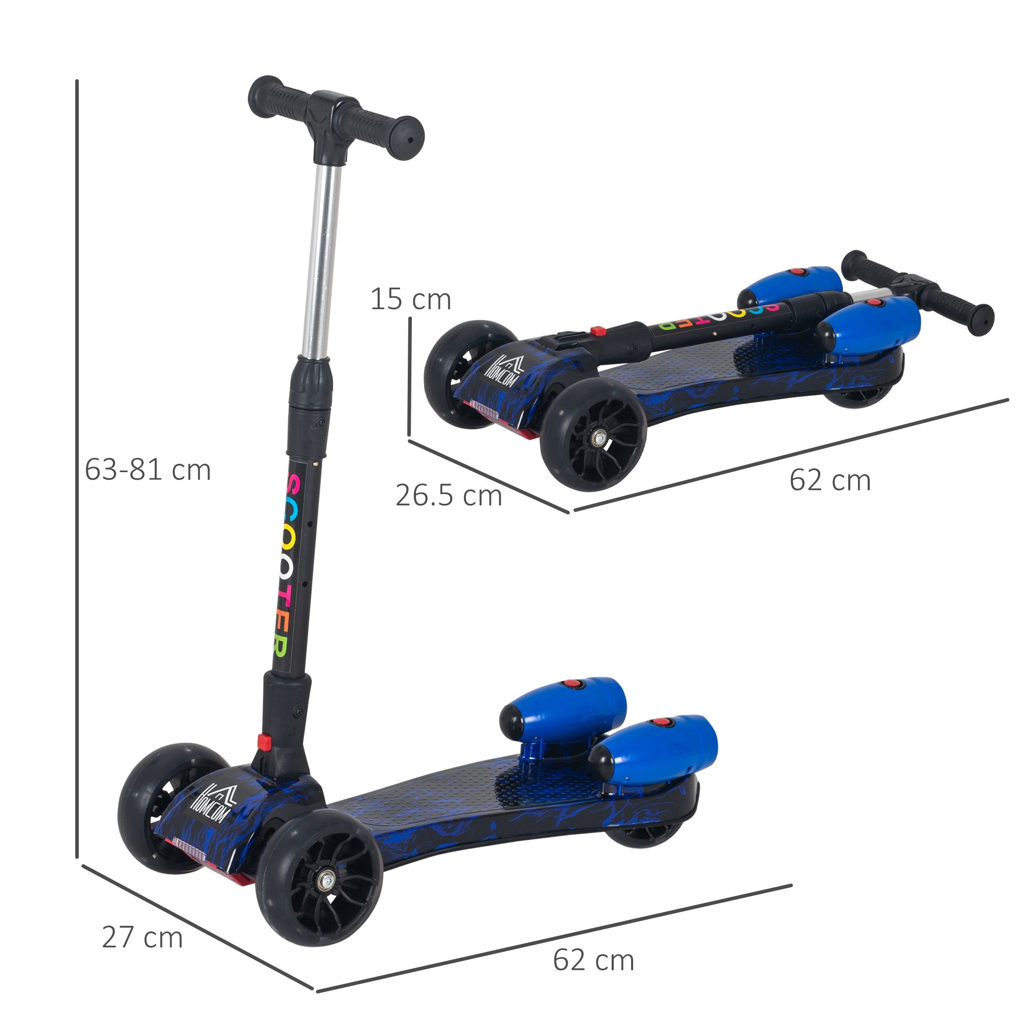 HOMCOM Kids Scooter, 3 Wheel Foldable Kick Scooter Adjustable Height w/ Flashing Wheels, Music, Water Spray for 3-6 Years, Blue 
