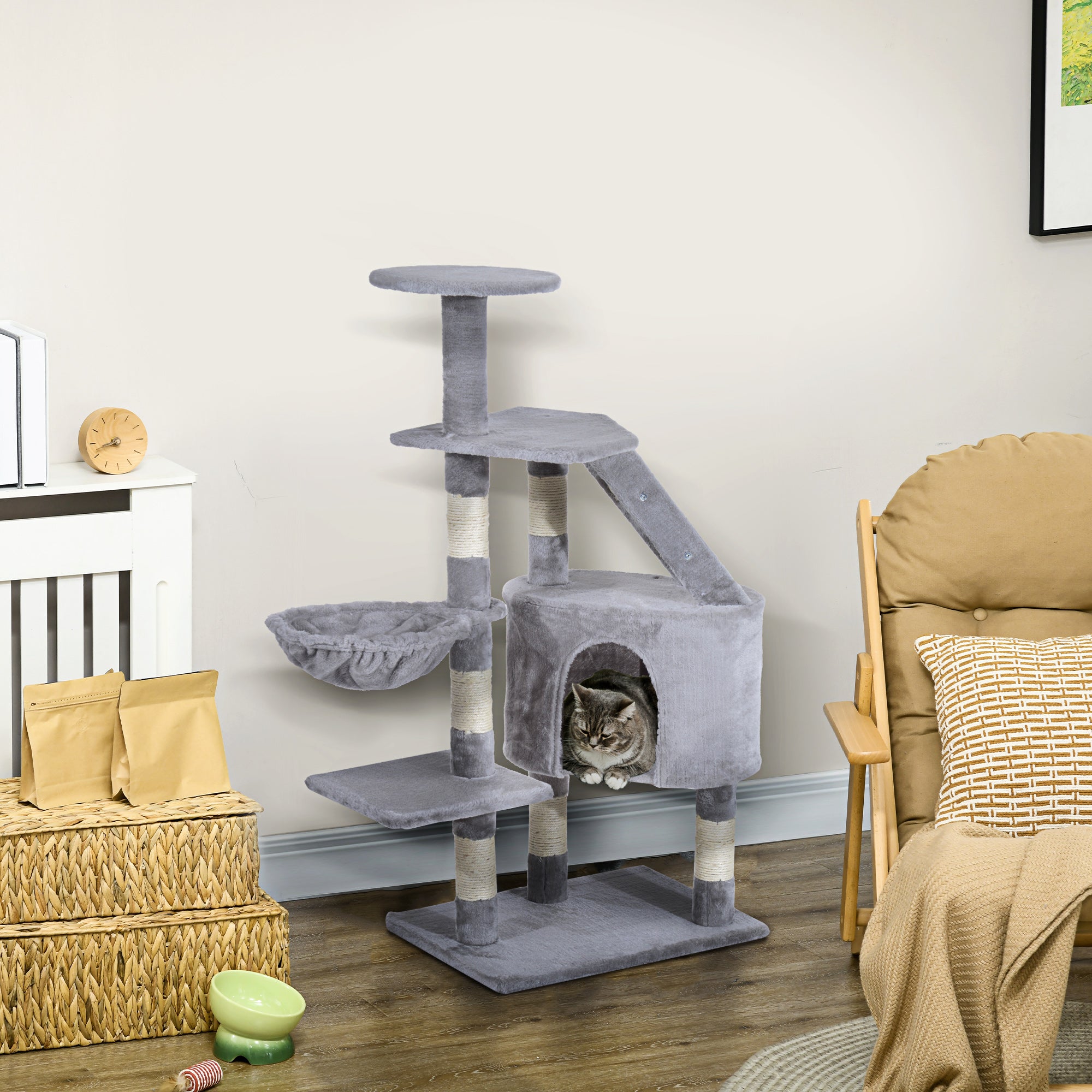 PawHut Cat Tree for Indoor Cats Kitten Scratching Post Scratch Scratcher Climb Activity Center Play House Pet Furniture 125cm (Grey) 