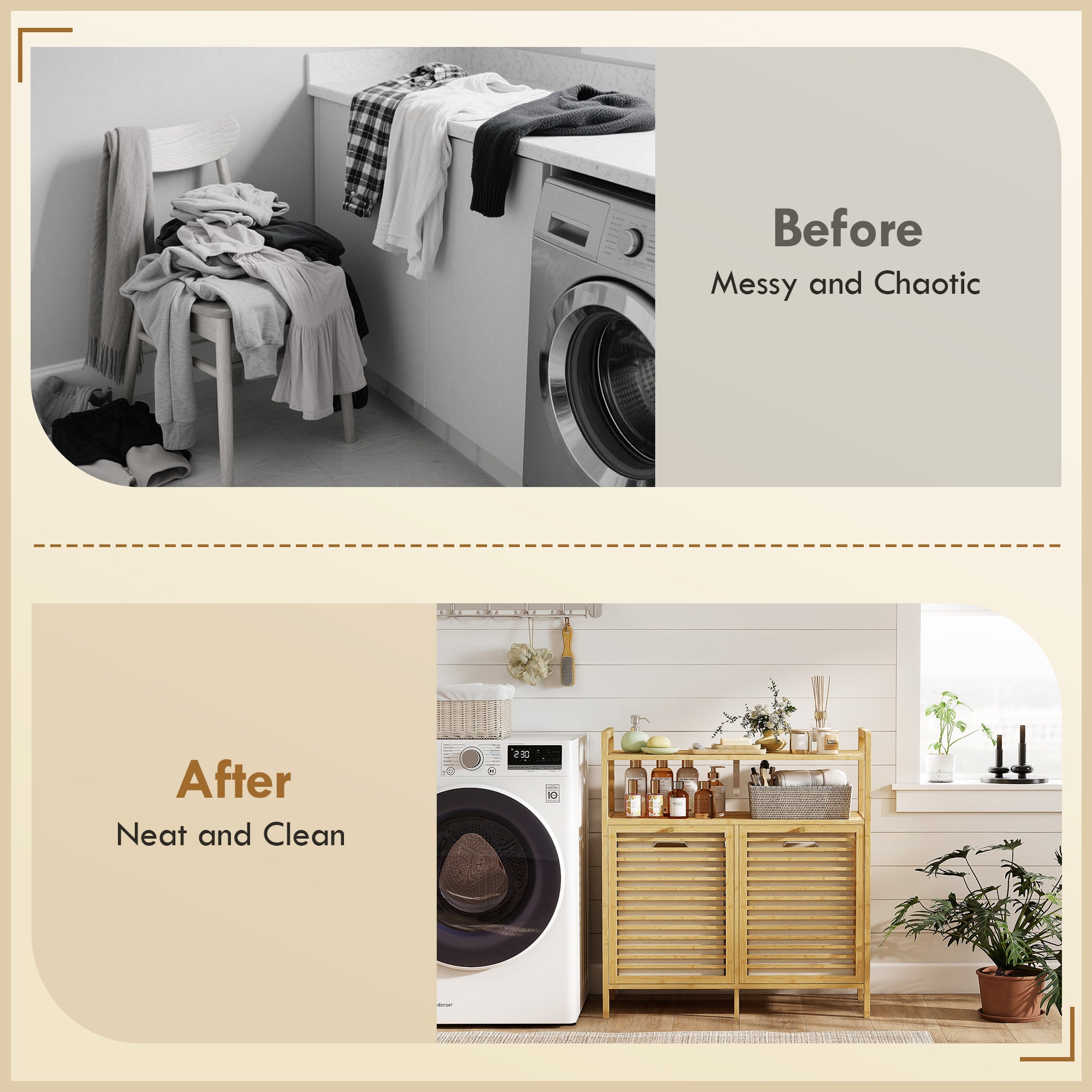 HOMCOM Double Tilt Out Bamboo Laundry Cabinet, Freestanding Bathroom Cabinet with 2 Removable Baskets, Natural 