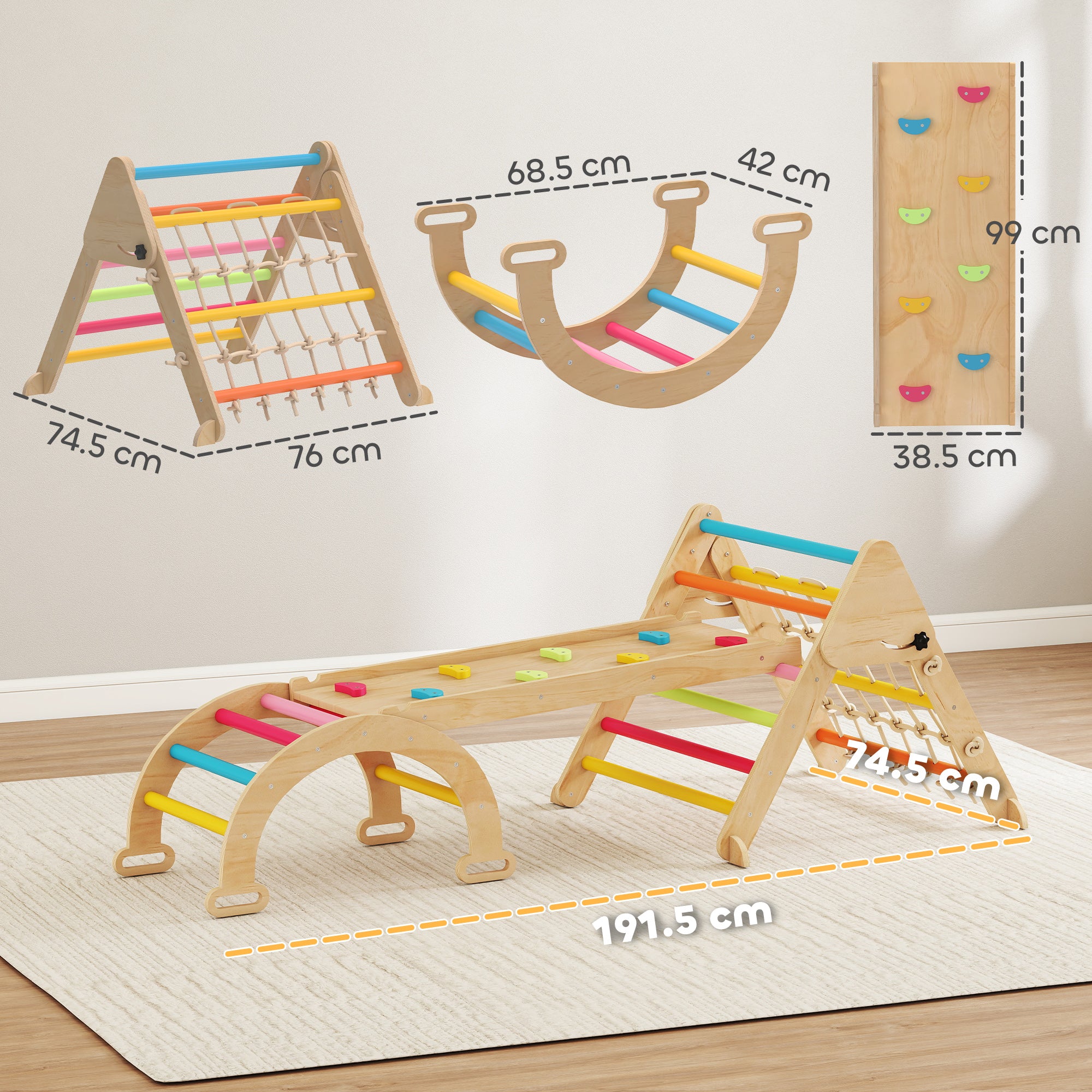 AIYAPLAY 8-in-1 Toddler Climbing Frame, Indoor Play Triangle Set with Slide, Arch and Triangle Ladder, Multicolour 