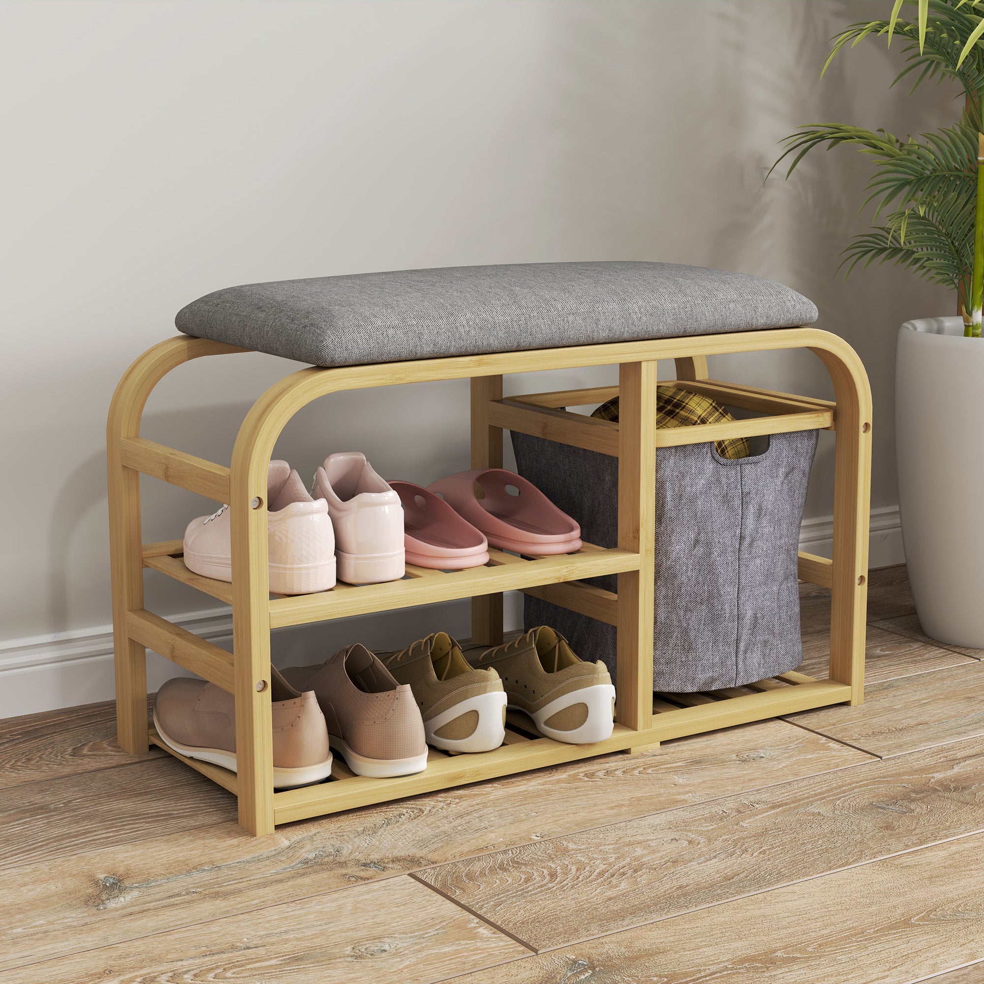 HOMCOM Bamboo Shoe Rack Bench with Padded Seat - Nature Wood Finish 