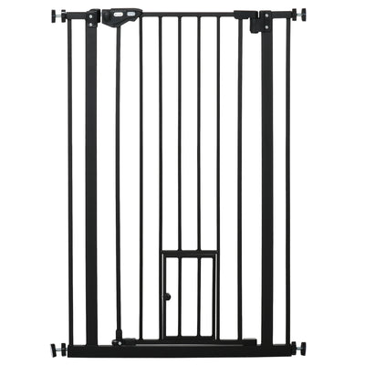PawHut Extra Tall Pet Gate, Indoor Dog Safety Gate, with Cat Flap, Auto Close, 74-80cm Wide - Black 