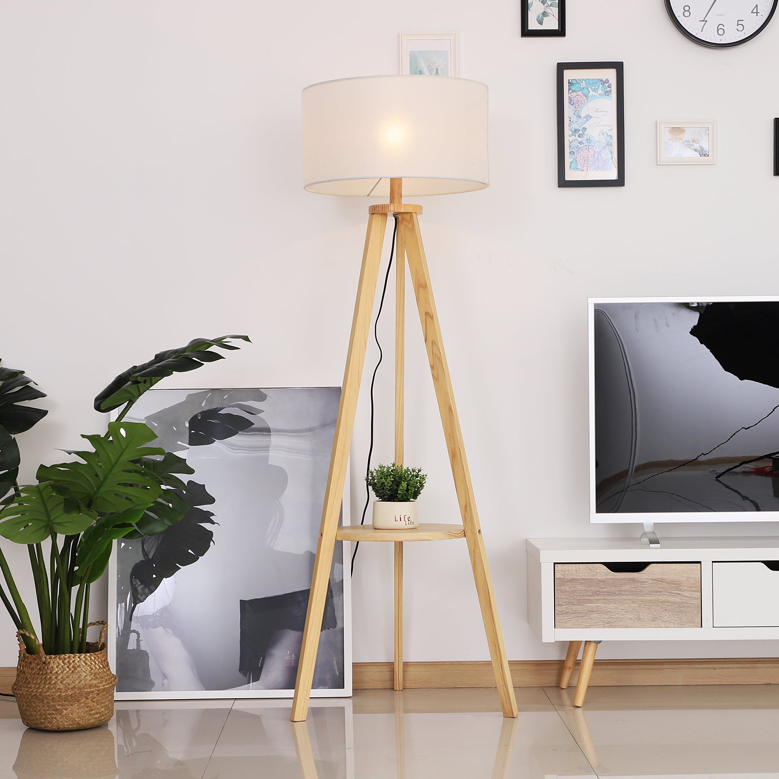 HOMCOM Free Standing Tripod Floor Lamp Bedside Light Reading Light with Storage Shelf Linen Shade for Living Room Bedroom, 154cm, Cream 