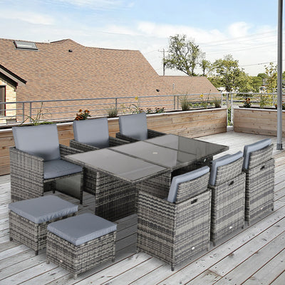 Outsunny 10 Seater Rattan Cube Garden Furniture Set with Parasol Hole, Rattan Dining Set with Cushions, Outdoor Dining Table and Chairs with Rectangular Glass Top Table for Patio, Mixed Grey 