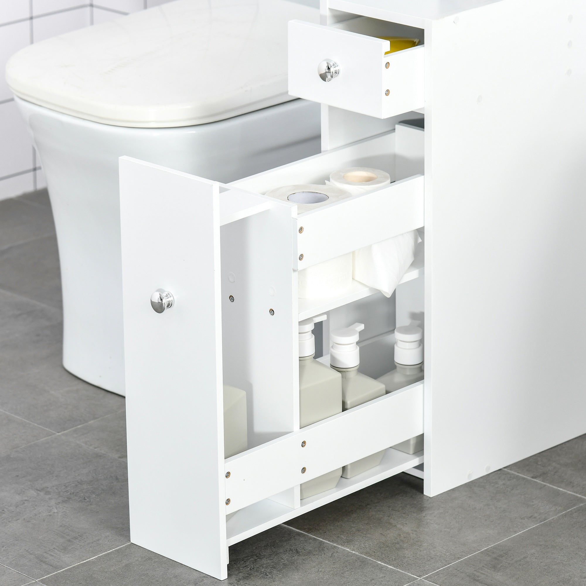 HOMCOM Bathroom Slim Floor Cabinet Narrow Wooden Storage Home Bath Toilet Cupboard Organiser Unit with Drawers White 