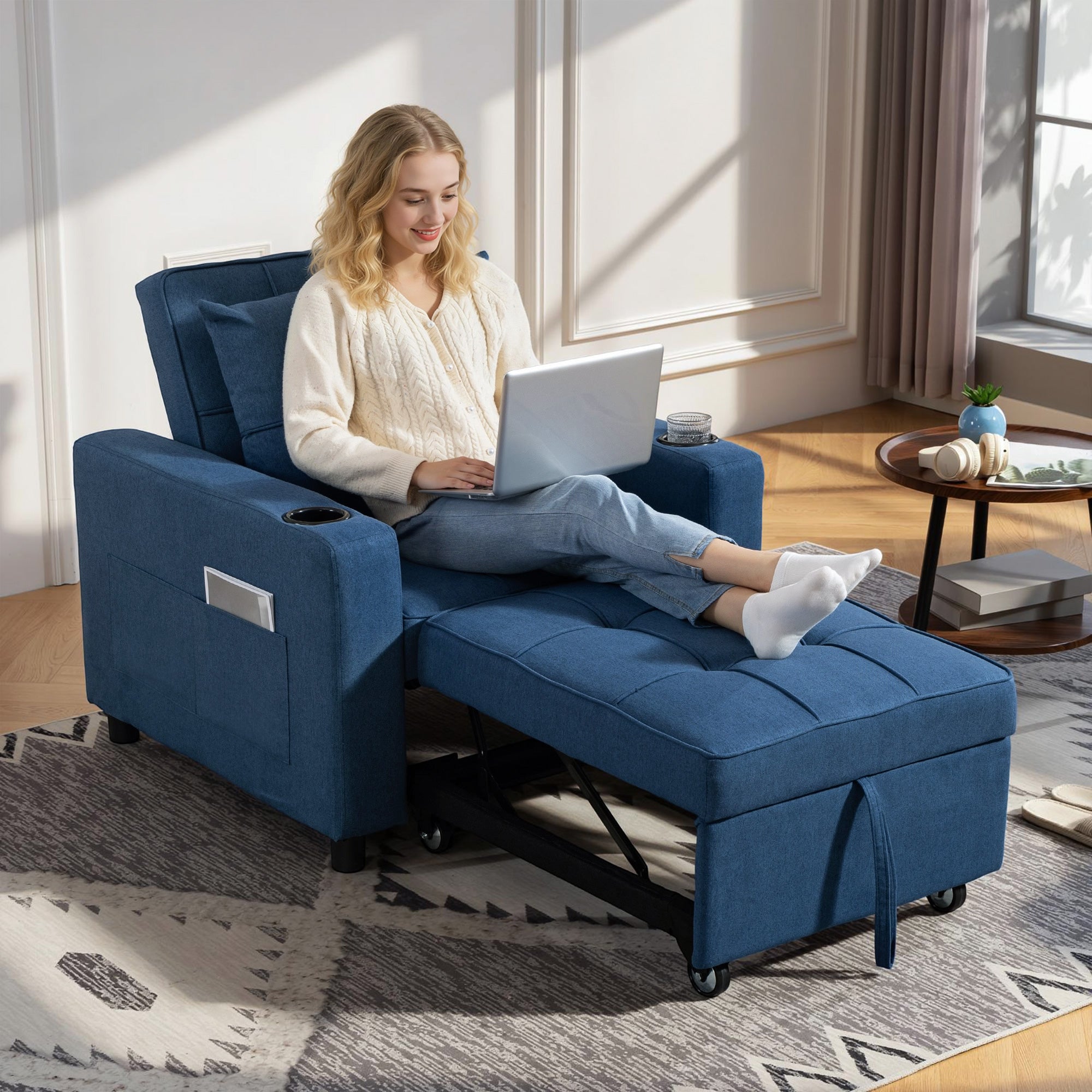 HOMCOM 3-in-1 Single Sofa Bed, Convertible Sleeper Chair Bed with 3-level Adjustable Back - Dark Blue 