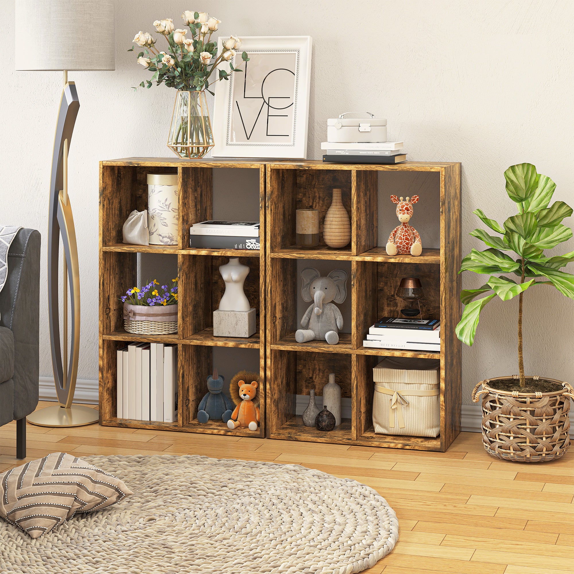 HOMCOM Industrial Style Storage Shelf, Bookcase, Bookshelf with 6 Compartments, Freestanding Shelving Unit for Living Room, Home Study, Rustic Brown 