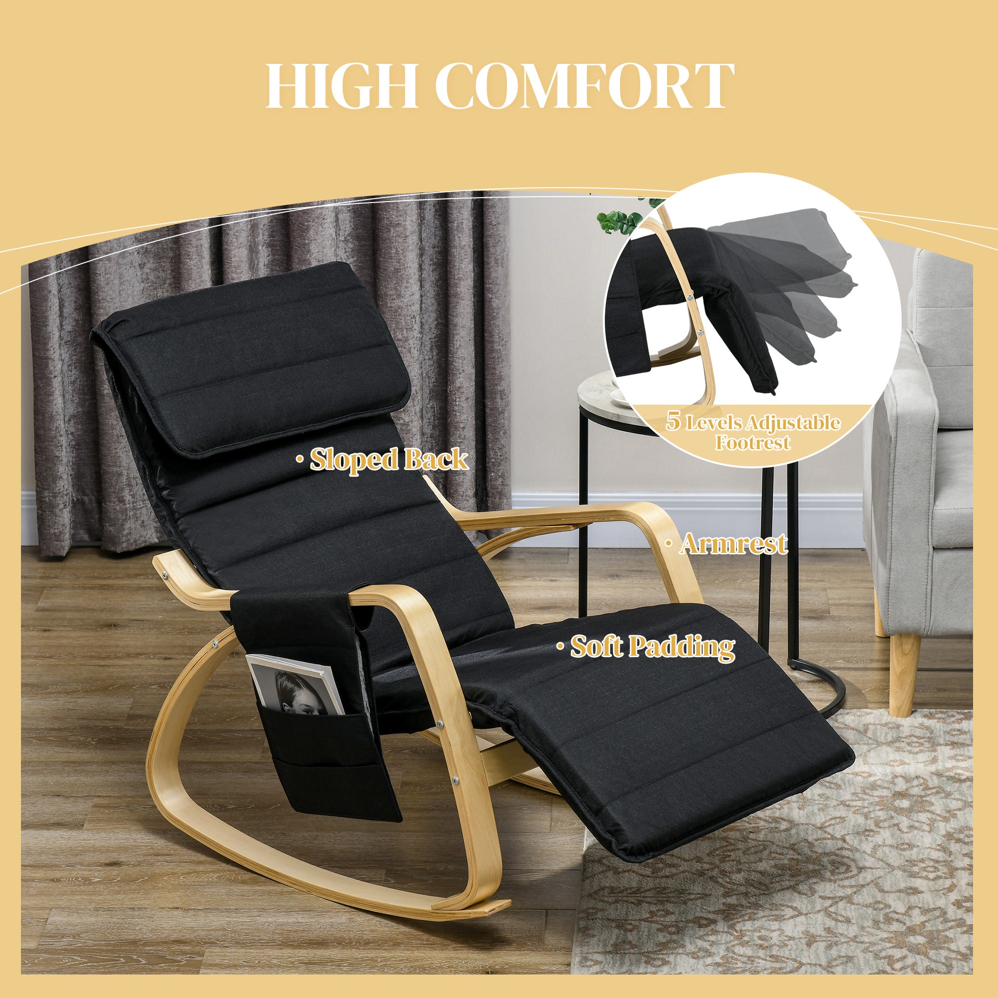 HOMCOM Rocking Lounge Chair Recliner Relaxation Lounging Relaxing Seat with Adjustable Footrest, Side Pocket and Pillow, Black 