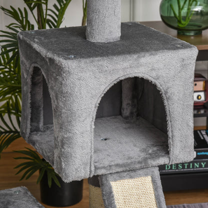 PawHut Cat Tree Tower for Indoor Cats, 111cm Kitten Activity Centre with Scratching Post Pad Hammock Condo Bed Ball Toy, Grey 