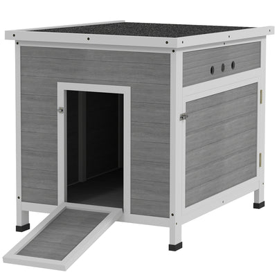 PawHut Wooden Duck House with Ramp, Double Doors, Openable Asphalt Roof, Ventilation Holes, Removable Base, Light Grey 