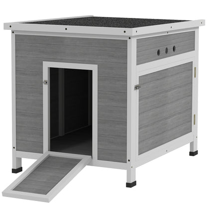 PawHut Wooden Duck House with Ramp, Double Doors, Openable Asphalt Roof, Ventilation Holes, Removable Base, Light Grey