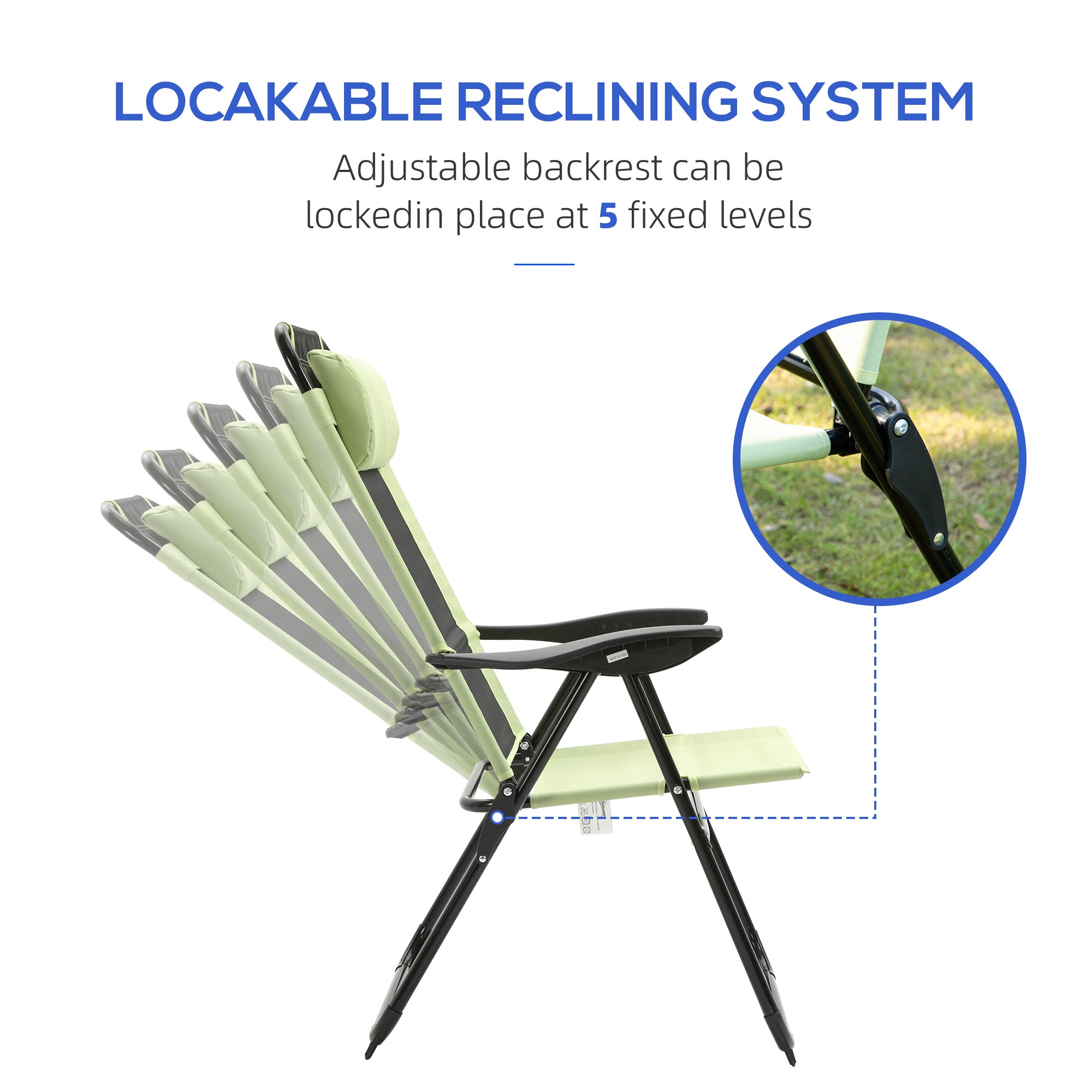 Outsunny Folding Garden Chairs Set of 2, 5-Position Recliner Camping Chair with High Back, All Weather Texteline Seat, Portable Outdoor Dining Chairs with Headrests for Patio, Picnic, Green 