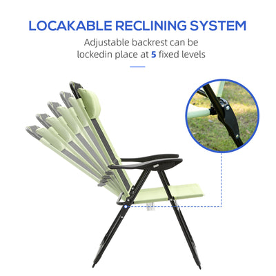 Outsunny Folding Garden Chairs Set of 2, 5-Position Recliner Camping Chair with High Back, All Weather Texteline Seat, Portable Outdoor Dining Chairs with Headrests for Patio, Picnic, Green 