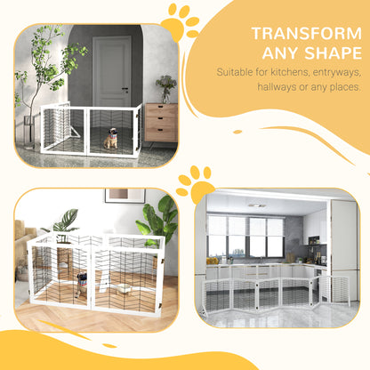 PawHut 6 Panels Pet Gate, Wooden Foldable Dog Barrier w/ Two Support Feet, for Small, Medium Dogs - White 