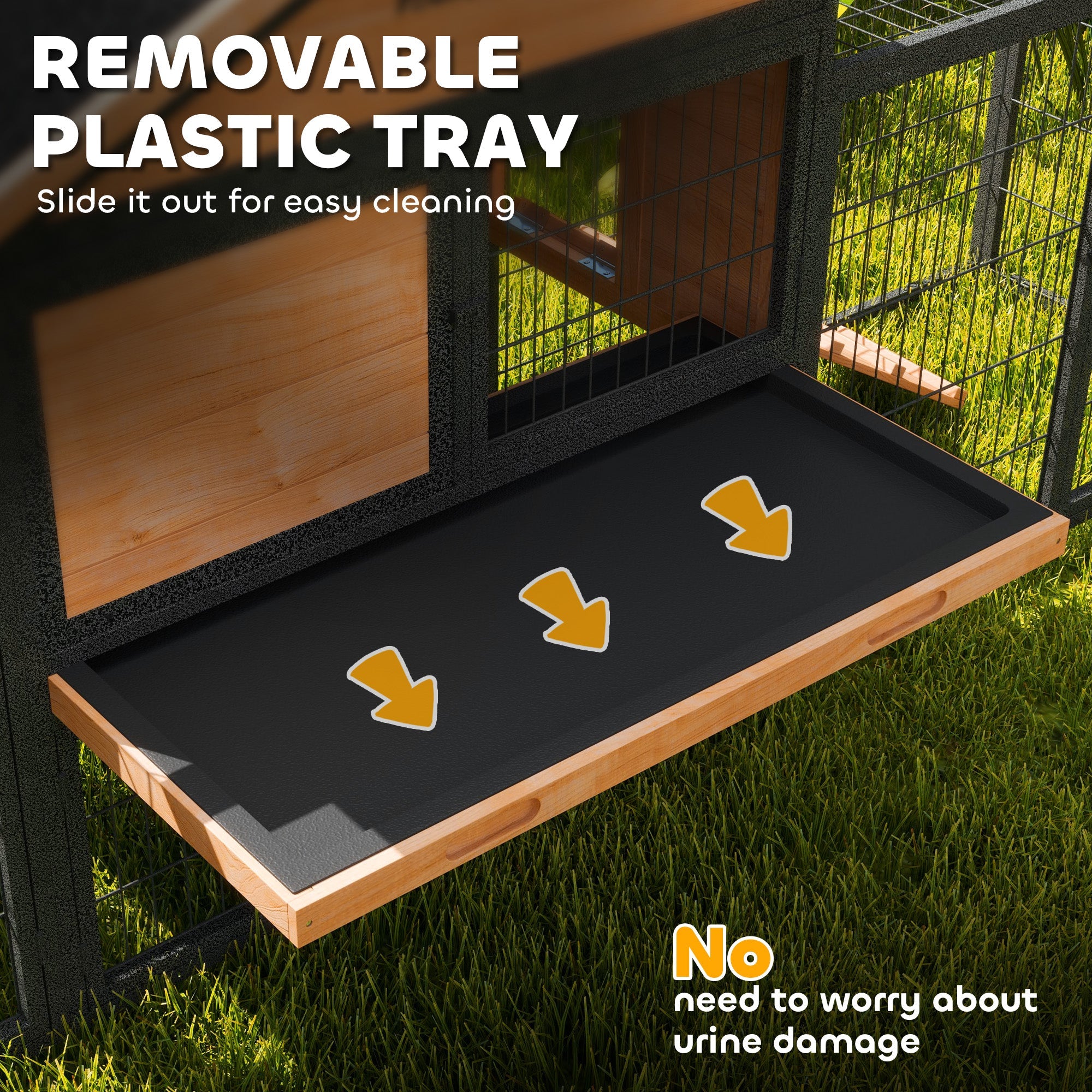 PawHut Wooden Rabbit Hutch Outdoor with Steel Run, Wooden Guinea Pig Cage with Removable Plastic Tray, Asphalt Roof, Ramp 