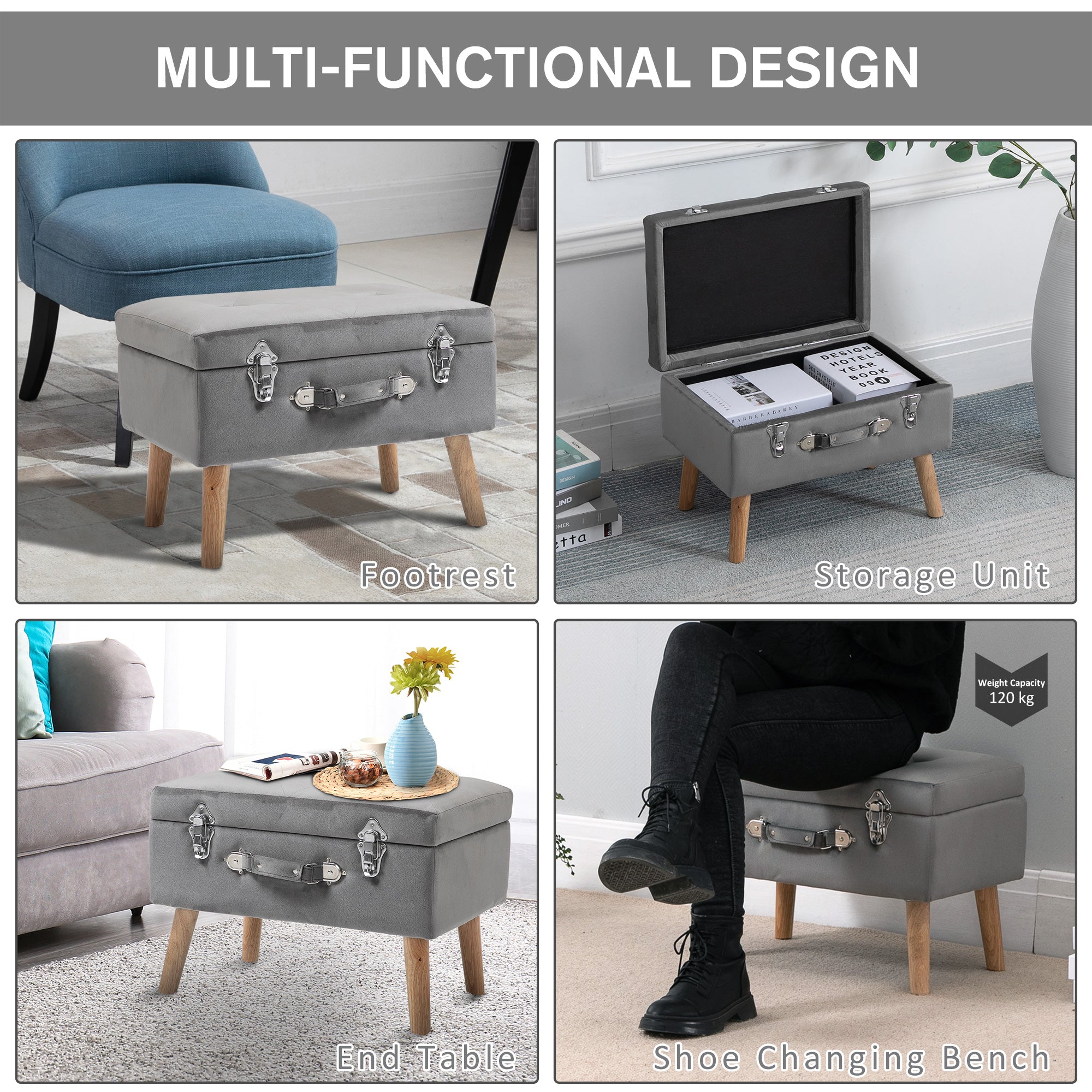 HOMCOM Elegant Velvet Footstool Pouffe Storage Trunk Stool Wood Legs Foot Pads Home Bedroom Hallyway Unique Storage Grey 