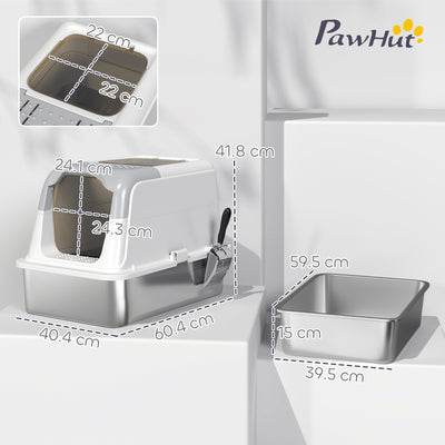 PawHut Extra Large Stainless Steel Litter Box, Enclosed Cat Litter Tray with Scoop, Deodorizer Bag, Front-Entry and Top-Exit 