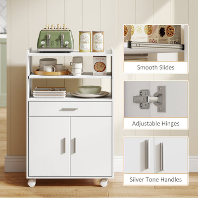 HOMCOM Kitchen Trolley with Wheels, Modern Mobile Microwave Stand with Slide-Out Shelf, Drawer and 2 Doors for Dining Room