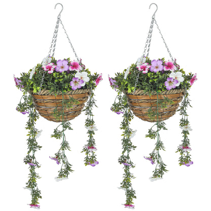 HOMCOM Set of 2 Decorative Artificial Plants, Faux Silk Azalea Flowers in Hanging Baskets, Fake Plants for Home Indoor Outdoor Decor, Pink and White 
