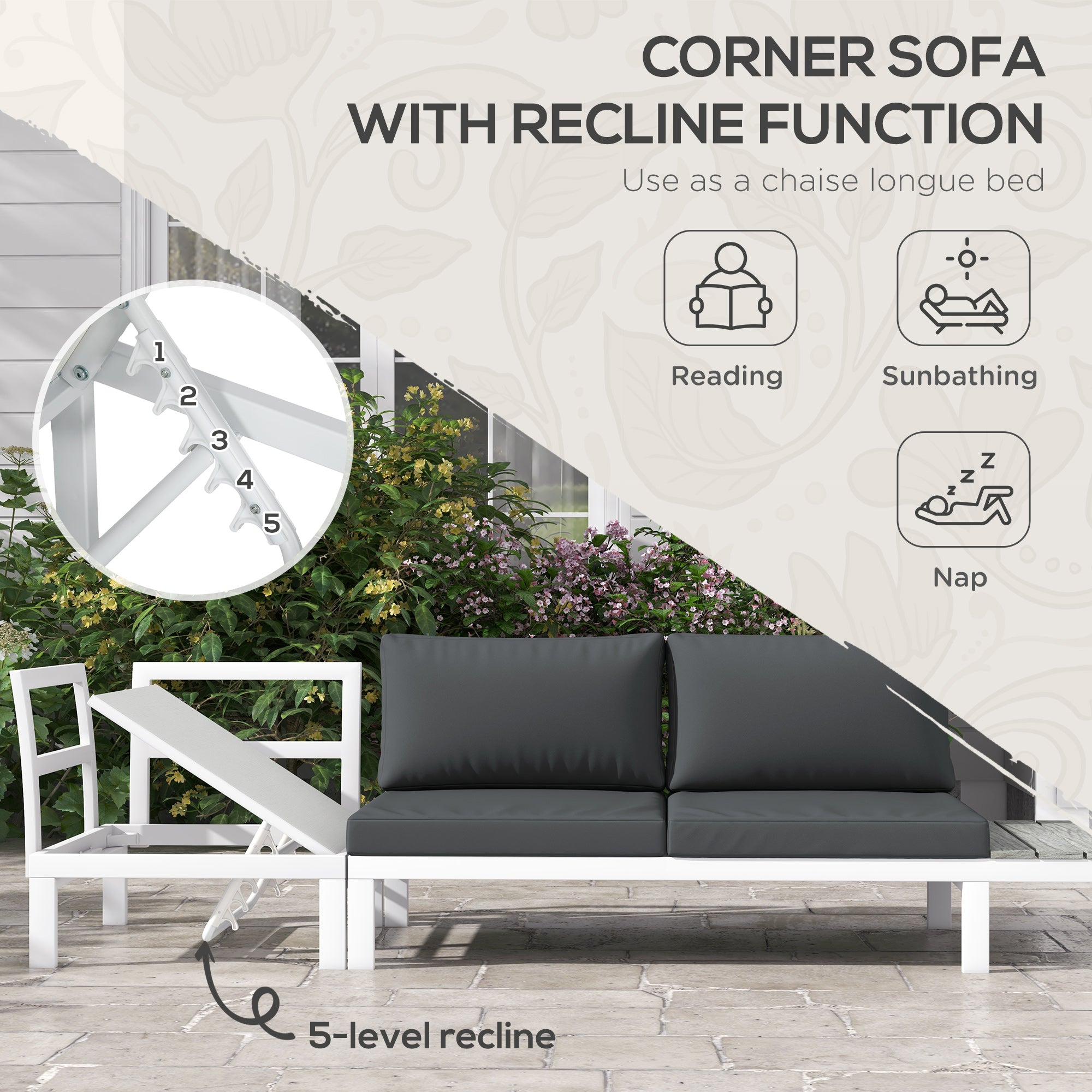 Outsunny 4 Pieces Patio Garden Set with 5-Level Recline Corner Sofa, Outdoor Garden Lounge Sectional Conversation Sofa Set with Cushions, Wood Grain Plastic Table, White  Frame Grey Cushion