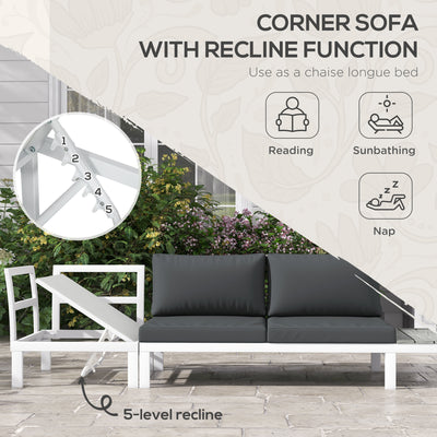 Outsunny 4 Pieces Patio Garden Set with 5-Level Recline Corner Sofa, Outdoor Garden Lounge Sectional Conversation Sofa Set with Cushions, Wood Grain Plastic Table, White  Frame Grey Cushion 