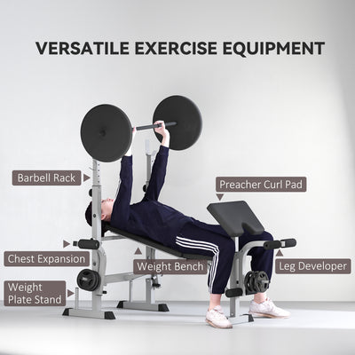 HOMCOM Adjustable Weight Bench with Squat Rack, Heavy Duty Bench Press Rack with Preacher Curl Pad, Leg Developer, Barbell Rack, Butterfly, Home Gym Strength Training Multiuse Workout Bench, Grey 