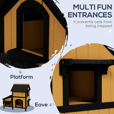 PawHut Wooden Cat House with Flower Pot, Windows, Multiple Entrances, Water-Resistant Roof for Outdoor - Yellow 