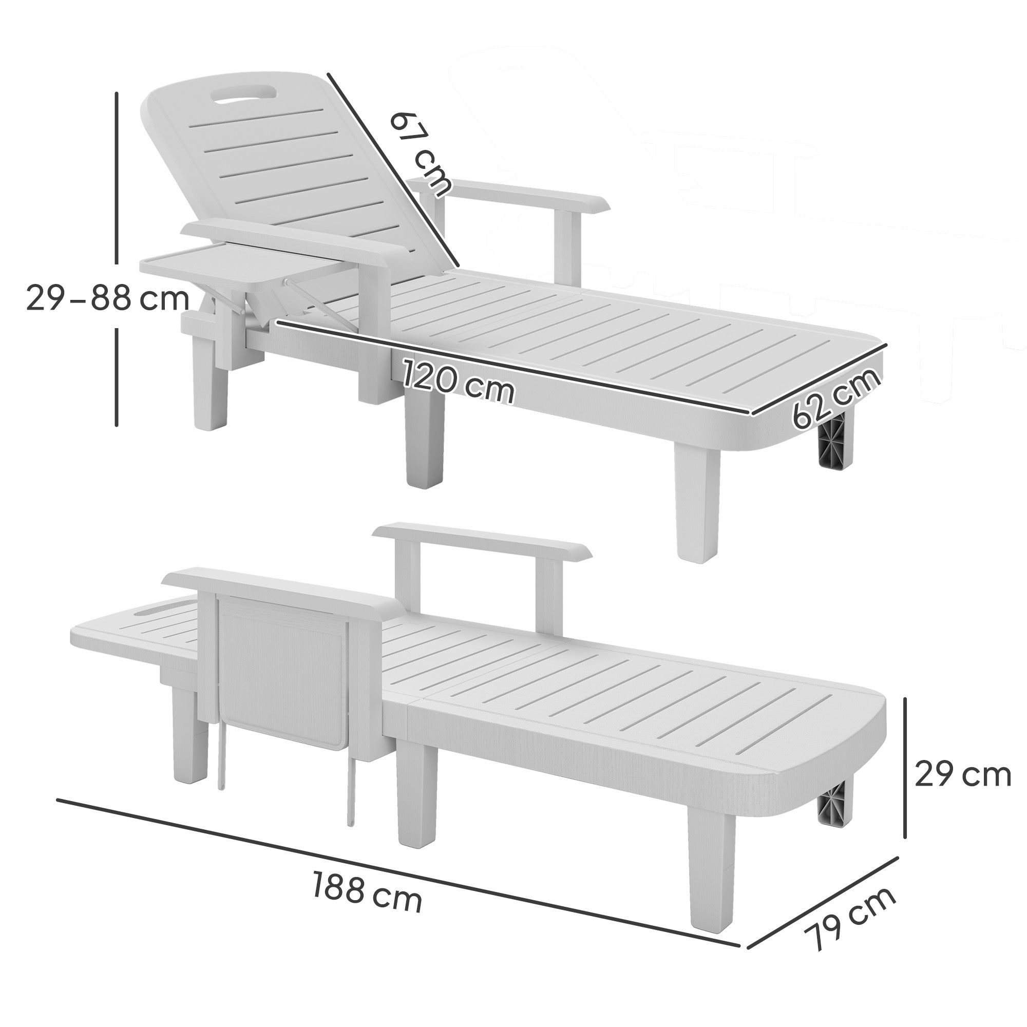 Outsunny Set of 2 Resin Reclining Sun Loungers for Garden, 5 Positions Adjustable Outdoor Chaise Lounge Chairs with Wood Texture Surface, Armrests, Foldable Side Table for Garden, Beach, White 
