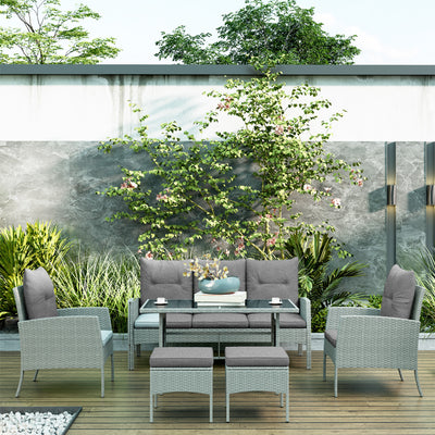 Outsunny 5 Seater Rattan Garden Furniture Set, 2 Armchairs, 3-Seater Wicker Sofa, 2 Footstools and Glass Table, 6 Piece Patio Rattan furniture Sofa Sets with Cushions for Conservatory, Grey 