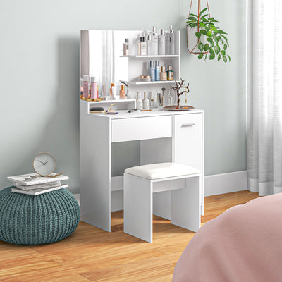 HOMCOM Dressing Table with Mirror and Stool, Vanity Table, Modern Makeup Desk with Drawer, Storage Cabinet and Adjustable Shelf for Bedroom, White 