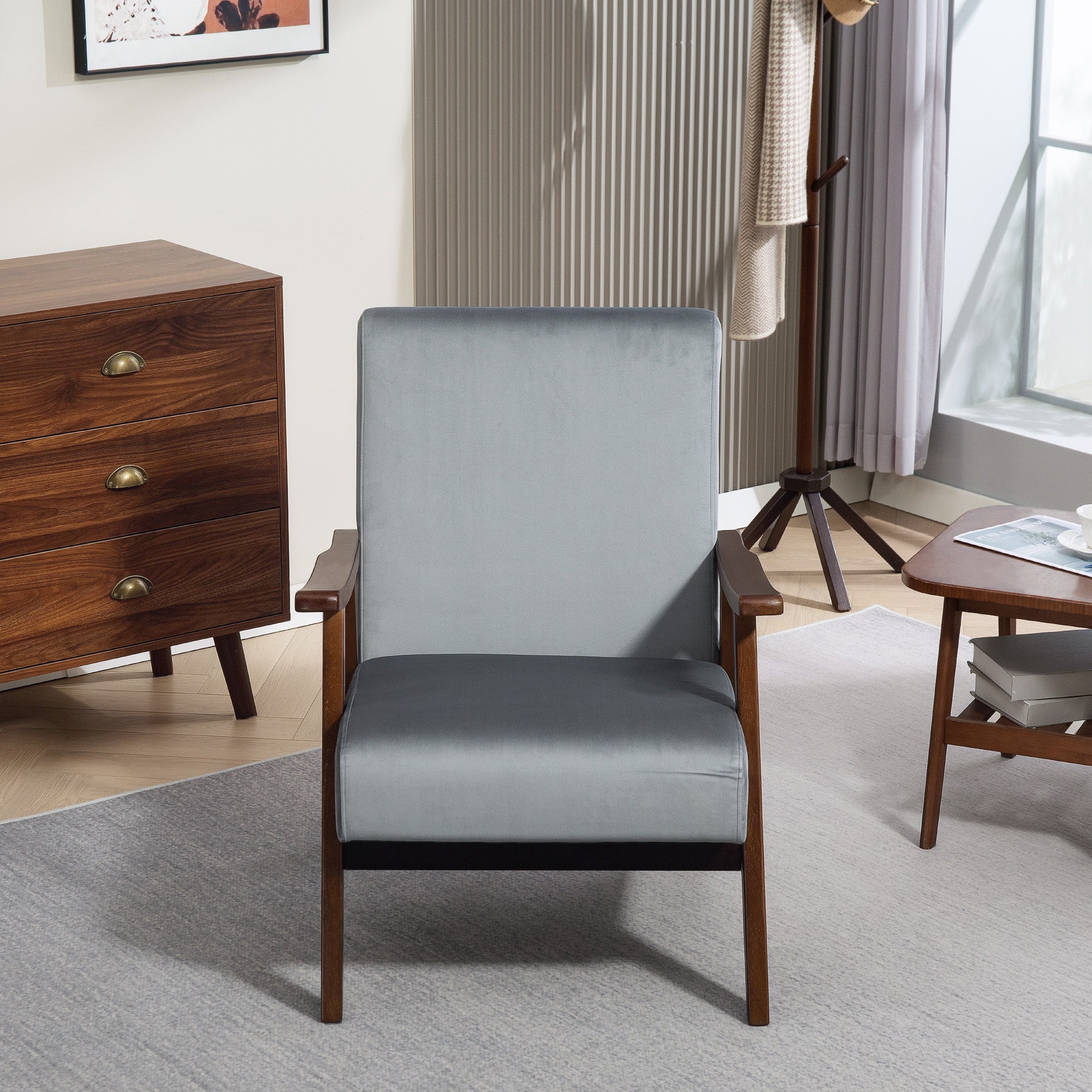 HOMCOM Nordic Accent Chair, Upholstered Velvet Armchair with Solid Wood Frame and Soft Thick Padded for Living Room, Bedroom, Grey 