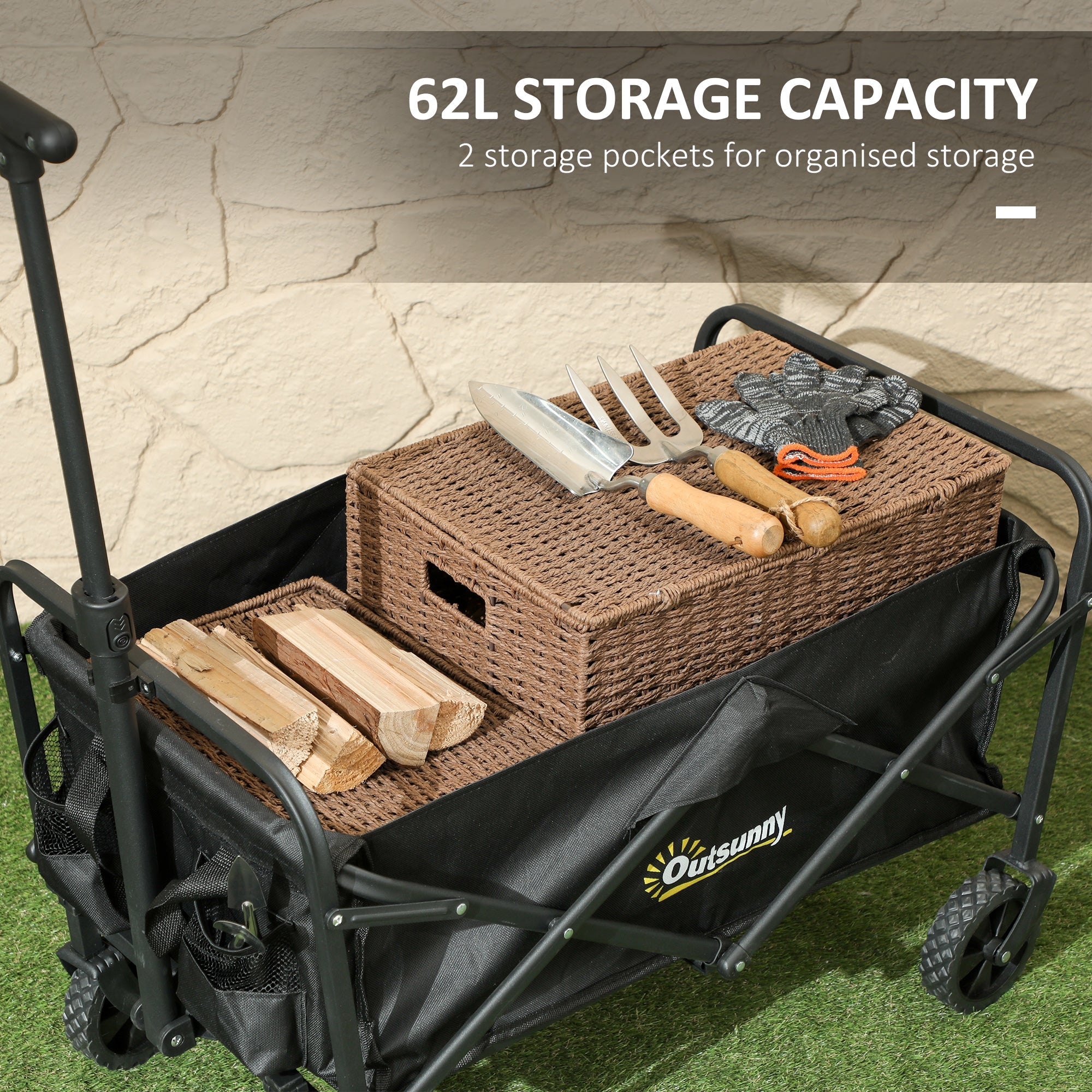 Outsunny 62L Festival Trolley on Wheels, Garden Folding Trolley Cart, 120kg Heavy Duty Collapsible Folding Wagon with Adjustable Handle and Carrying Bag for Beach, Camping, Festival, Black 