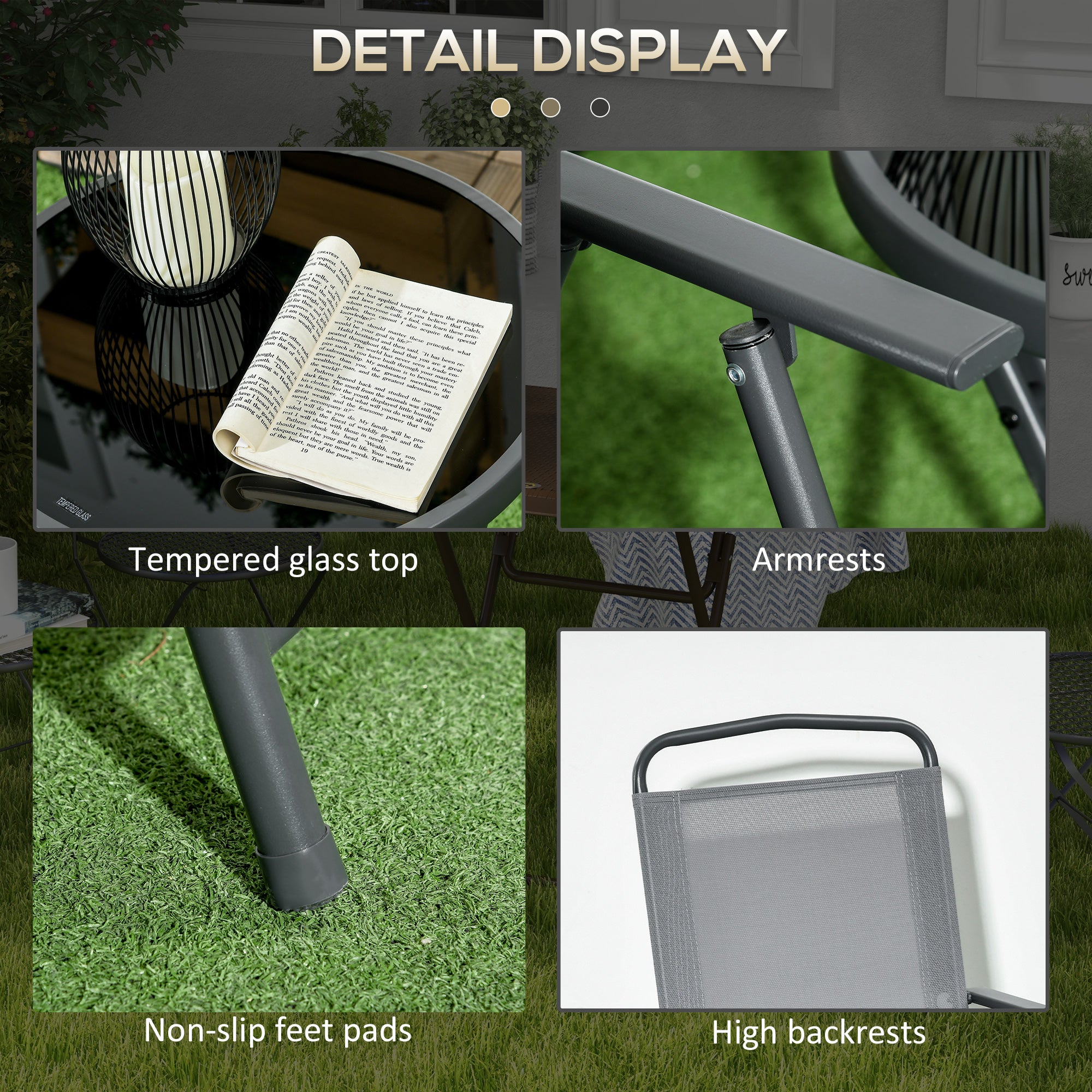 Outsunny Three-Piece Garden Seat Set, with Glass-Top Table - Light Grey 