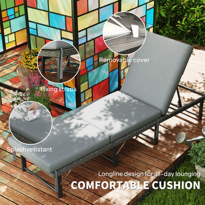 Outsunny Single Folding Rattan Sun Lounger, with Cushion - Grey 