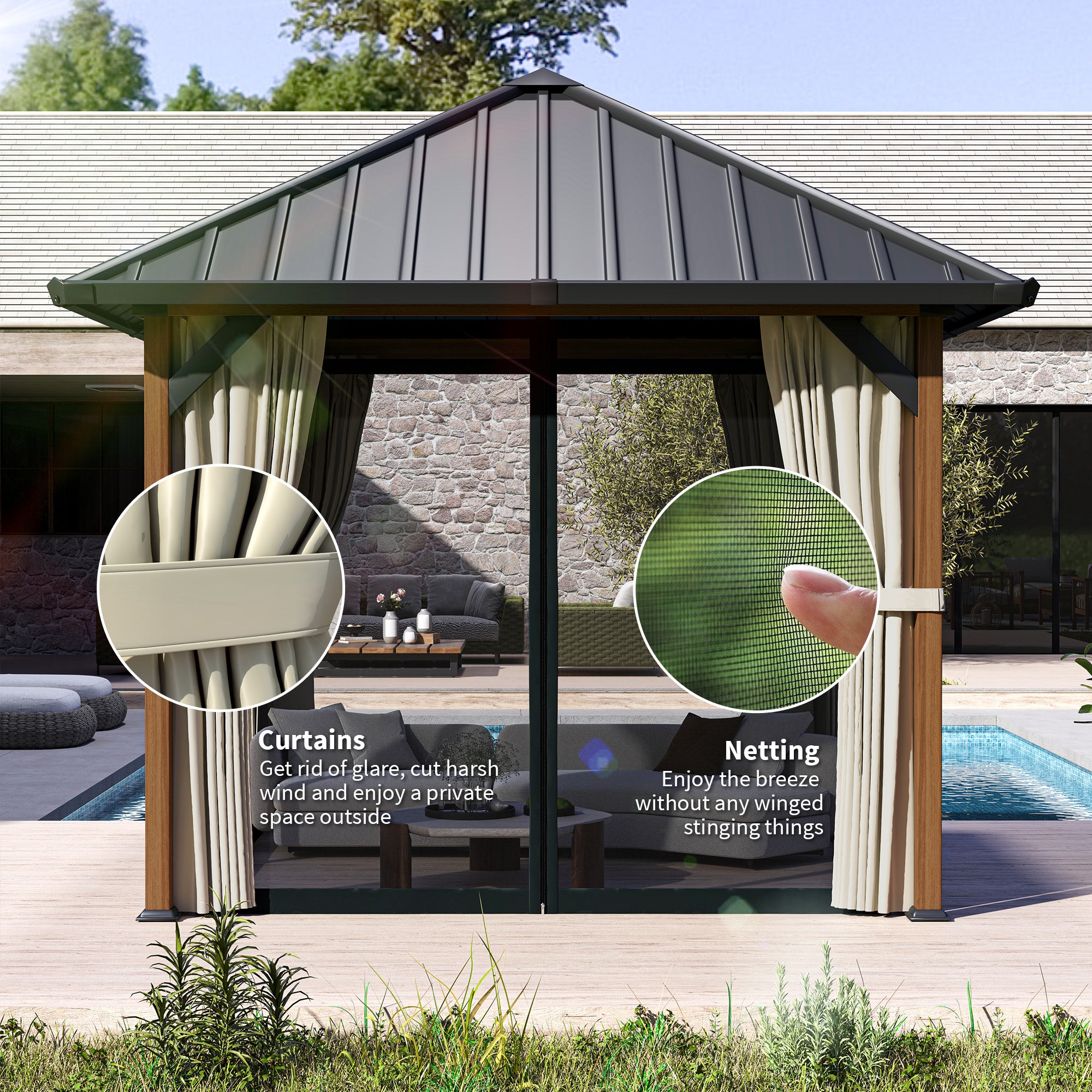 Outsunny 3 x 3(m) Hardtop Gazebo with Galvanised Steel Roof and Water Gutter, Waterproof Permanent Pavilion Garden Gazebo with Netting and Curtains for Patio, Deck, Walnut Wood Finish