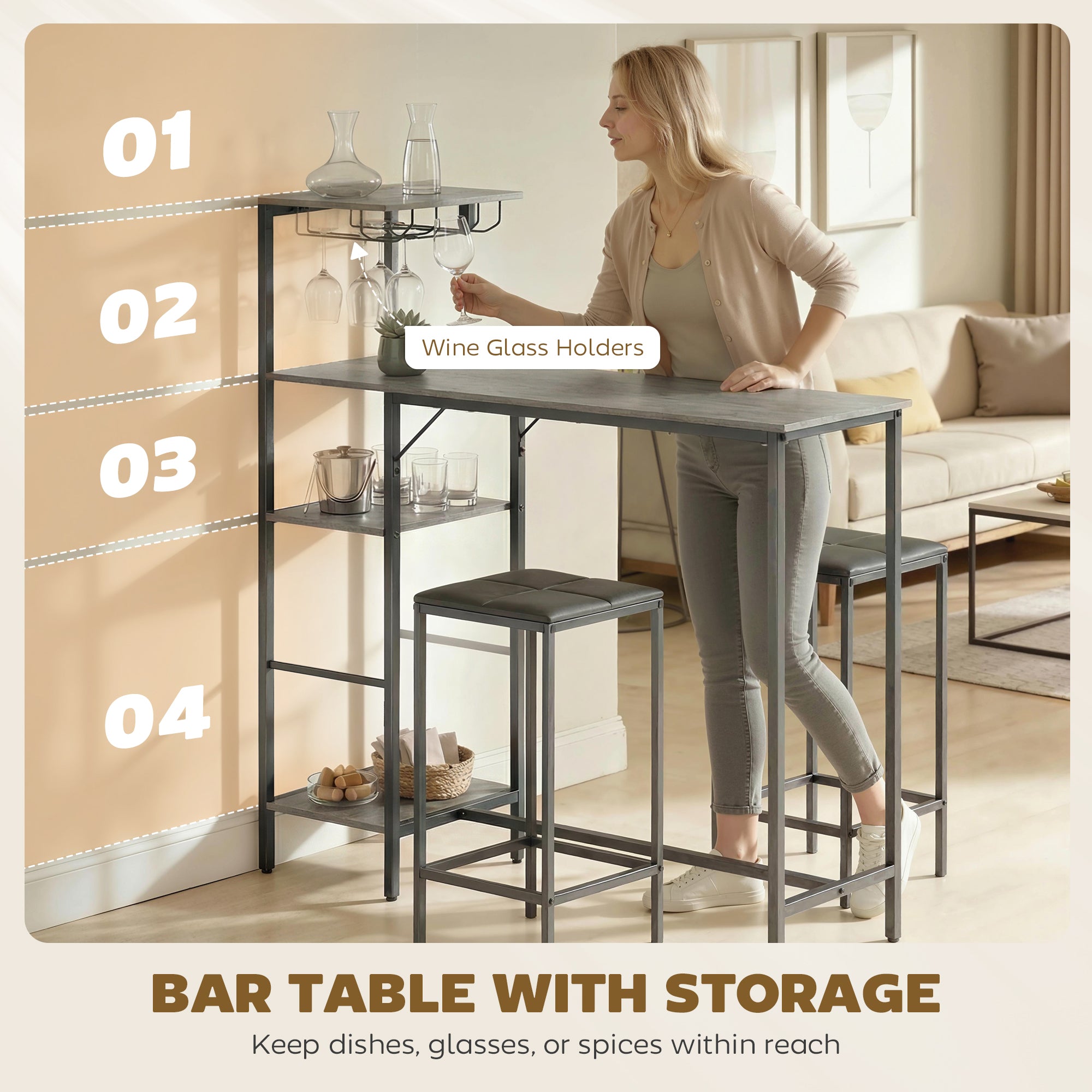 HOMCOM 3 Piece Breakfast Bar Table and Stools Set, Washed Grey 