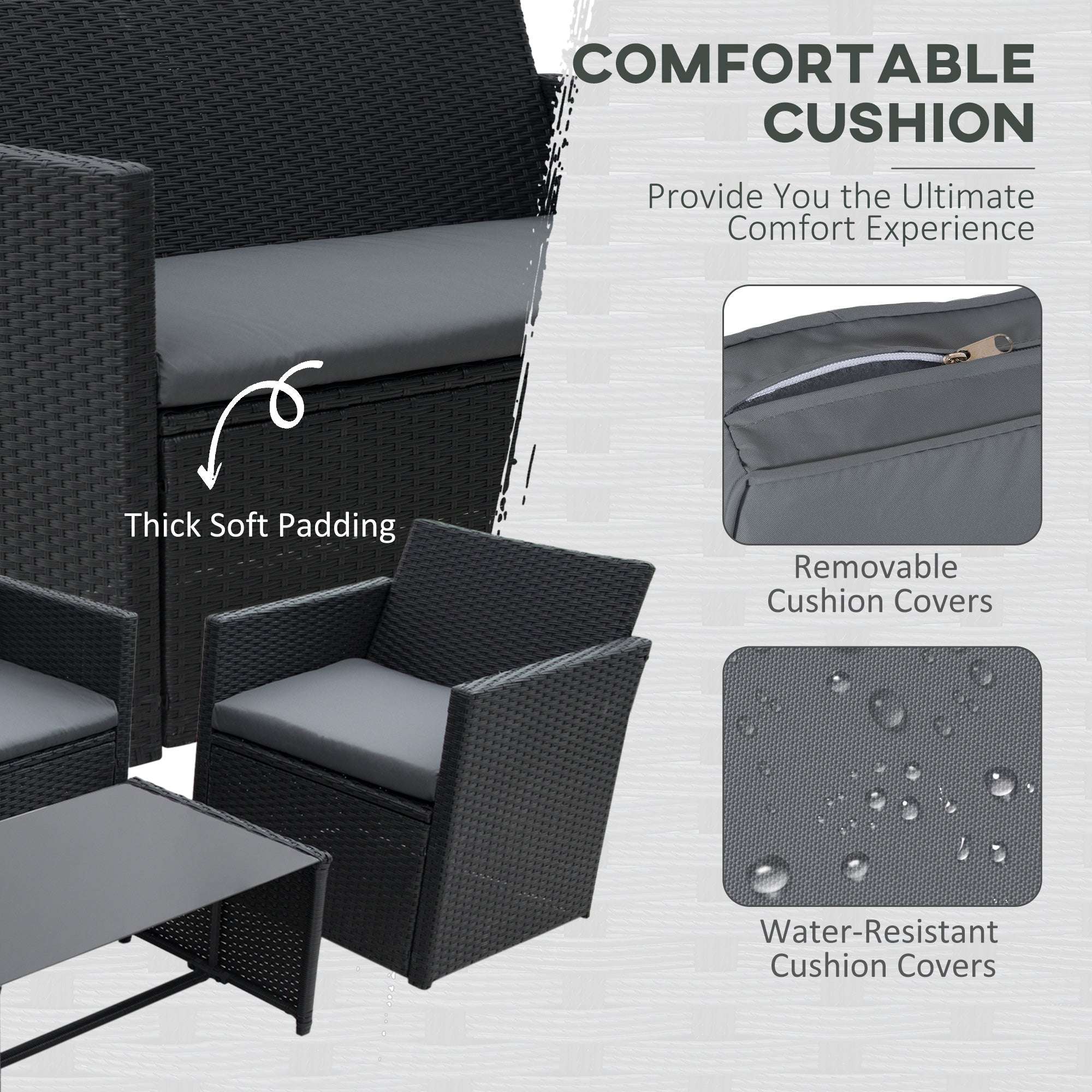 Outsunny 4 Pieces PE Rattan Garden Sofa Set with Cushions, Outdoor Patio Wicker Weave Conservatory Furniture Set with a Loveseat, 2 Armchairs and a Glass Top Coffee Table, Black 