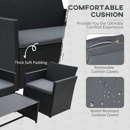 Outsunny 4 Pieces PE Rattan Garden Sofa Set with Cushions, Outdoor Patio Wicker Weave Conservatory Furniture Set with a Loveseat, 2 Armchairs and a Glass Top Coffee Table, Black 