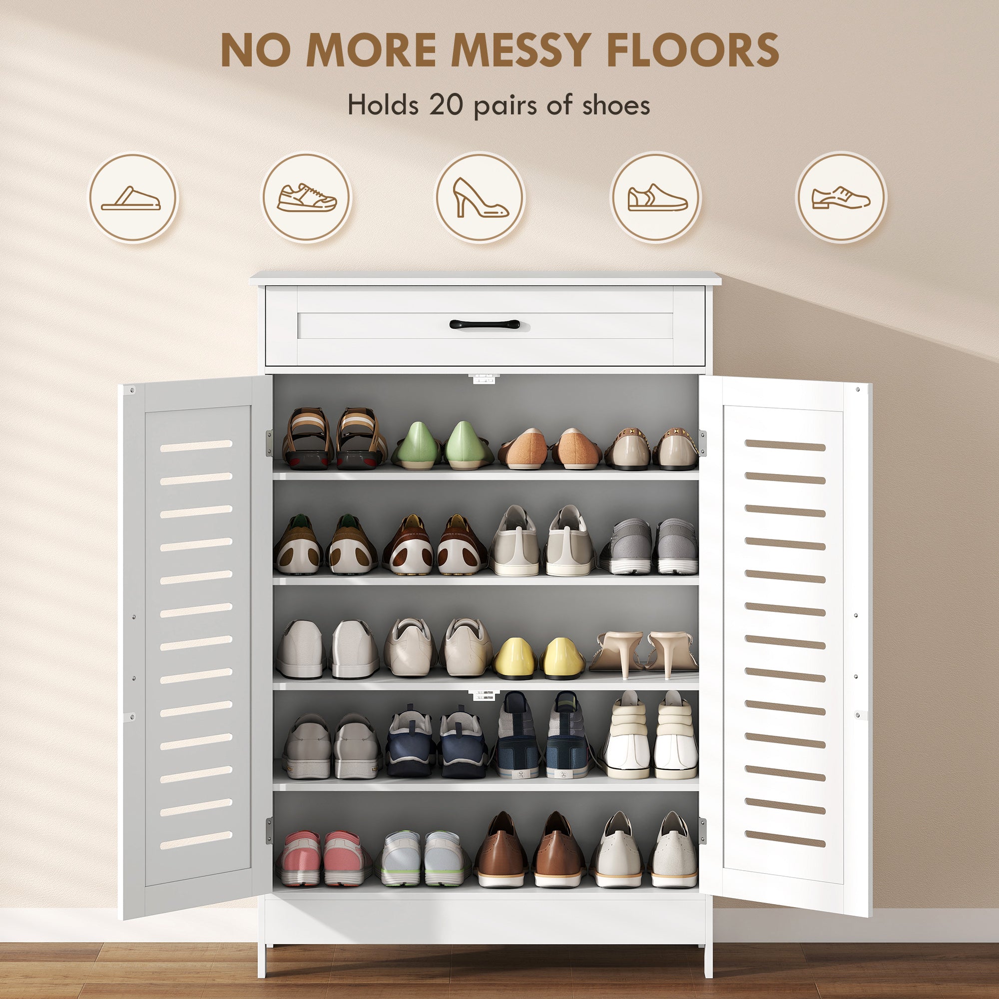 HOMCOM Shoe Cabinet with Louvered Doors, Modern Shoe Storage Cabinet with Drawer and Adjustable Shelves, White 