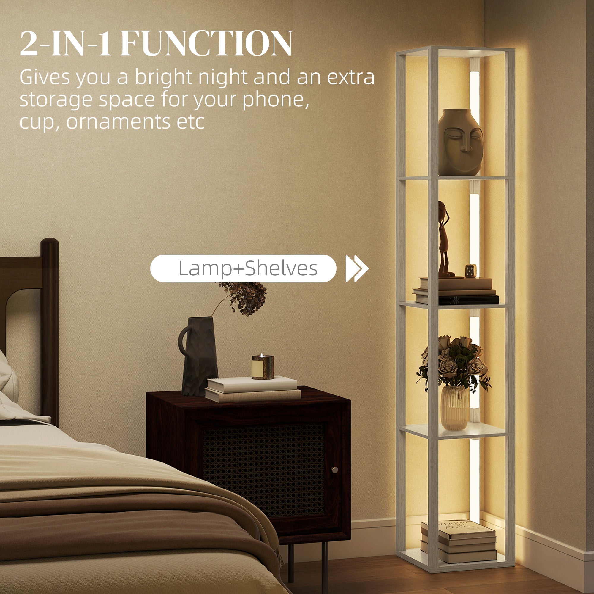 HOMCOM Floor Lamp with Shelves and 3 Brightness Levels - Oak 