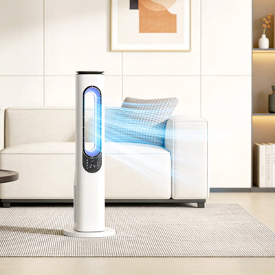 HOMCOM Bladeless Tower Fan for Bedroom, 35dB Standing Cooling Fan with Oscillating, LED Lights, 3 Speeds, 15H Timer, White 