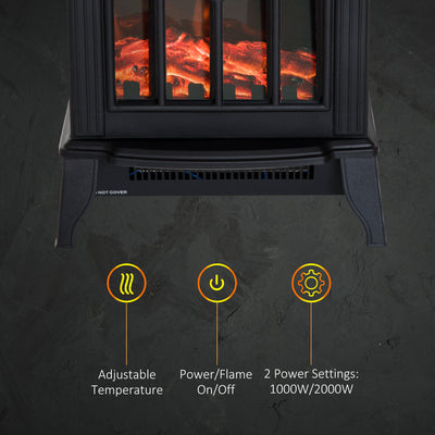 HOMCOM 1000W/2000W Freestanding Electrical Fireplace Indoor Heater Stove Log Wood LED Burning Effect Flame with Thermostat Control Black 