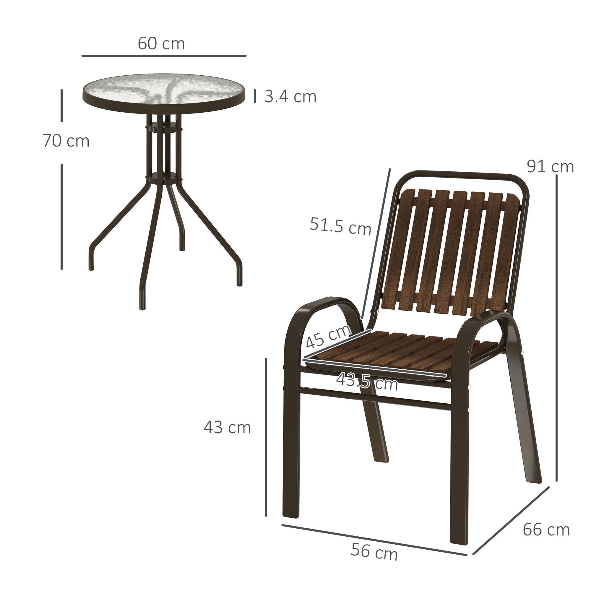 Outsunny 3 Pieces Patio Bistro Set with Stackable Chairs, Tempered Glass Table, for Outdoor, Balcony, Patio, Garden, Dark Brown 