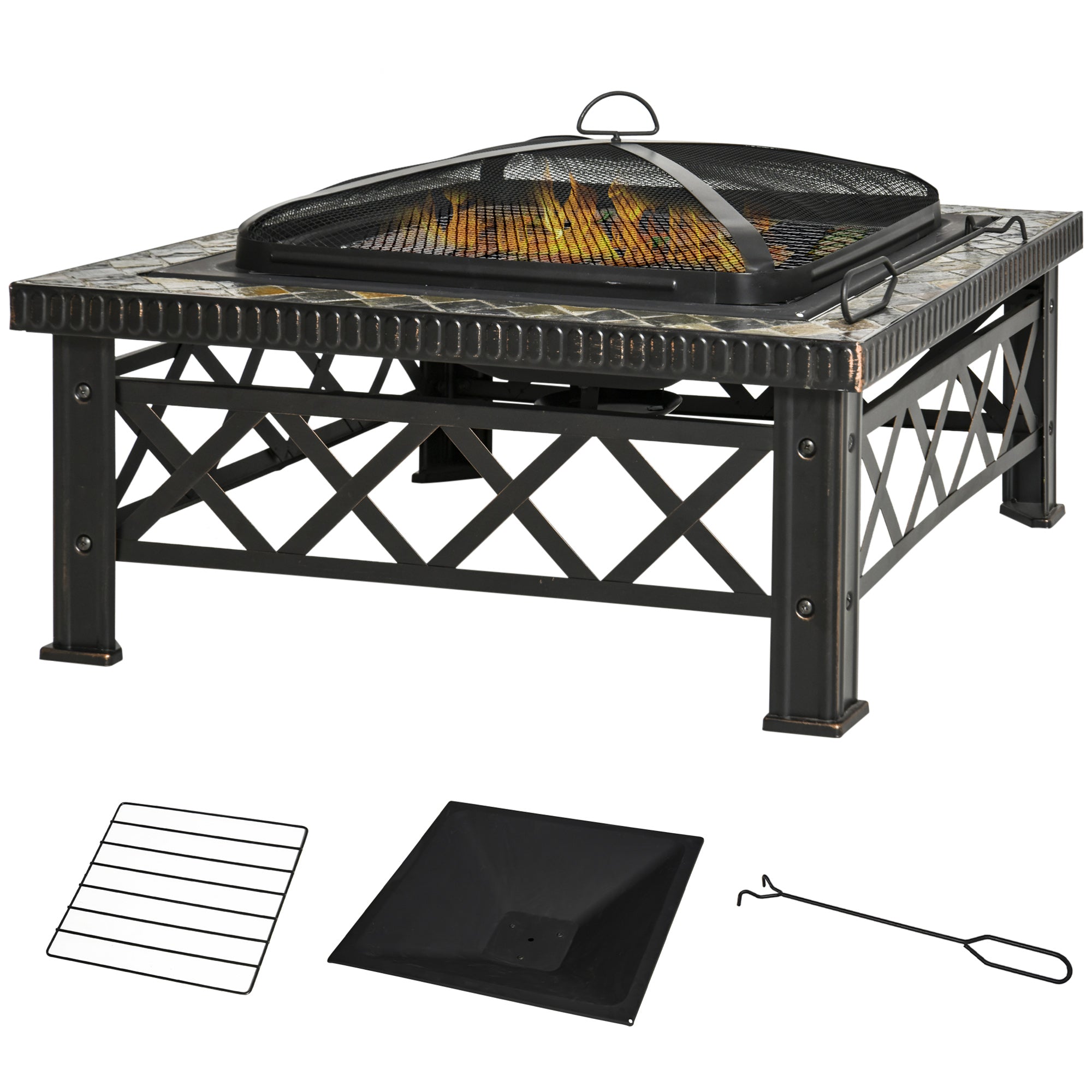 Outsunny Large Outdoor Fire Pit Table, 3 in 1 Square Wood Burning Firepit Metal Brazier, BBQ Grill, Ice Bucket w/ Grill Grate, Log Grate, Lid, Poker for Garden, Camping, Bonfire, 76 x 76 x 47cm, Black 
