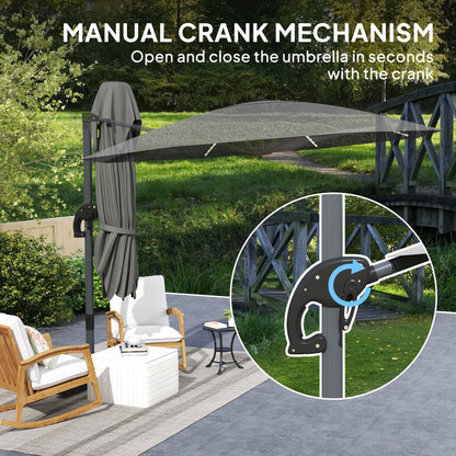 Outsunny 3(m) Cantilever Garden Parasol with Solar Powered Lights, Crank Handle & Cross Base, UPF 50+, 360° Rotation, Dark Grey 
