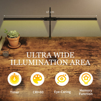 HOMCOM LED Desk Lamp with Clamp, Double Head Table Lamp with 3 Colour Modes & 10 Brightness Levels, Flexible Gooseneck Reading Desk Light with Timer and Memory Function for Study, Office, Work, Black 
